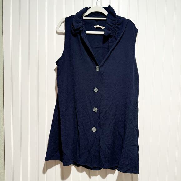 Soft Surroundings Navy Blue Island Time Tunic Ruffled Collar Size Large - Picture 2 of 8